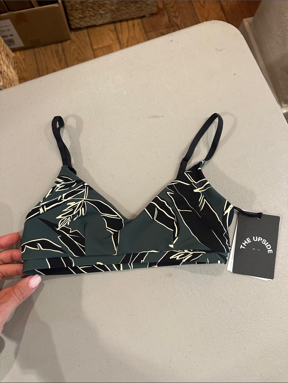 The Upside Dark Green Leaf-Print Sports bra with Cream Accents